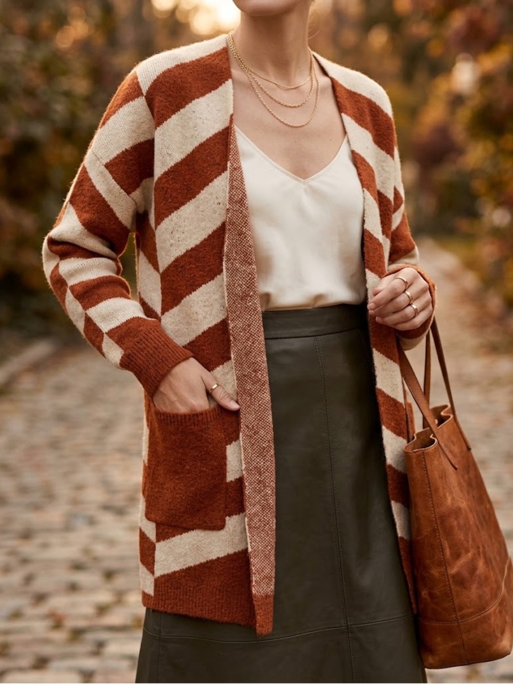Forever 21 Rust and Cream Striped Open-Front Cardigan